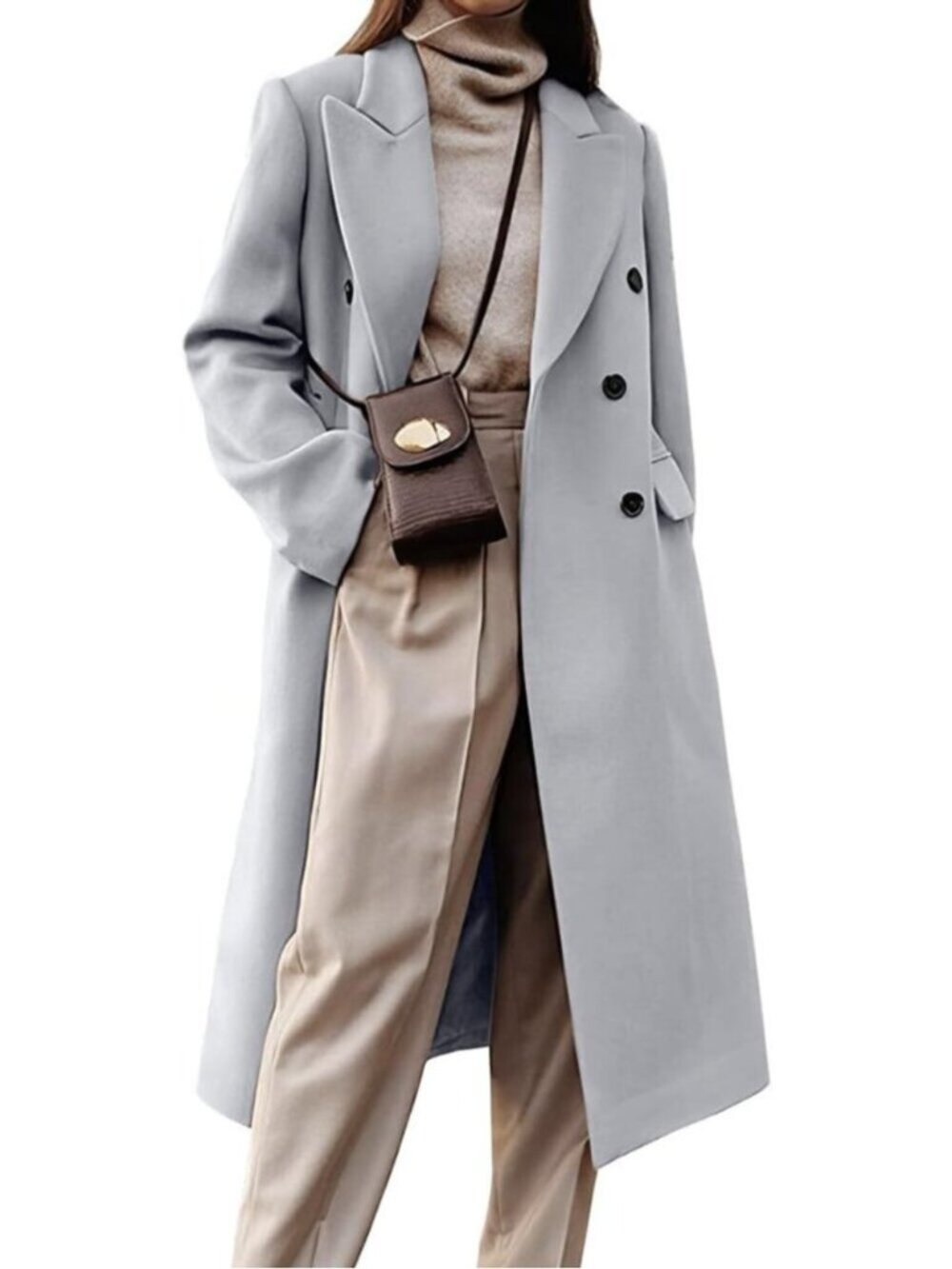 Women's Grey Wool Blend Long Warm Lapel Double Breasted Winter Trench Peacoat